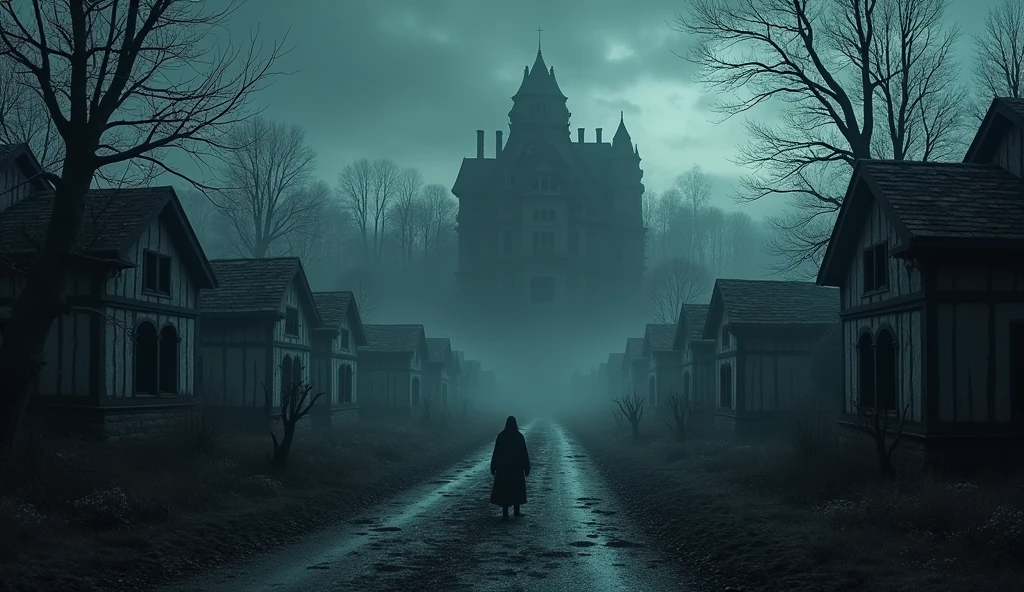 First picture: A deserted village is shown at night, with an old and ghostly mansion visible. The surroundings are mysterious and terrifying.