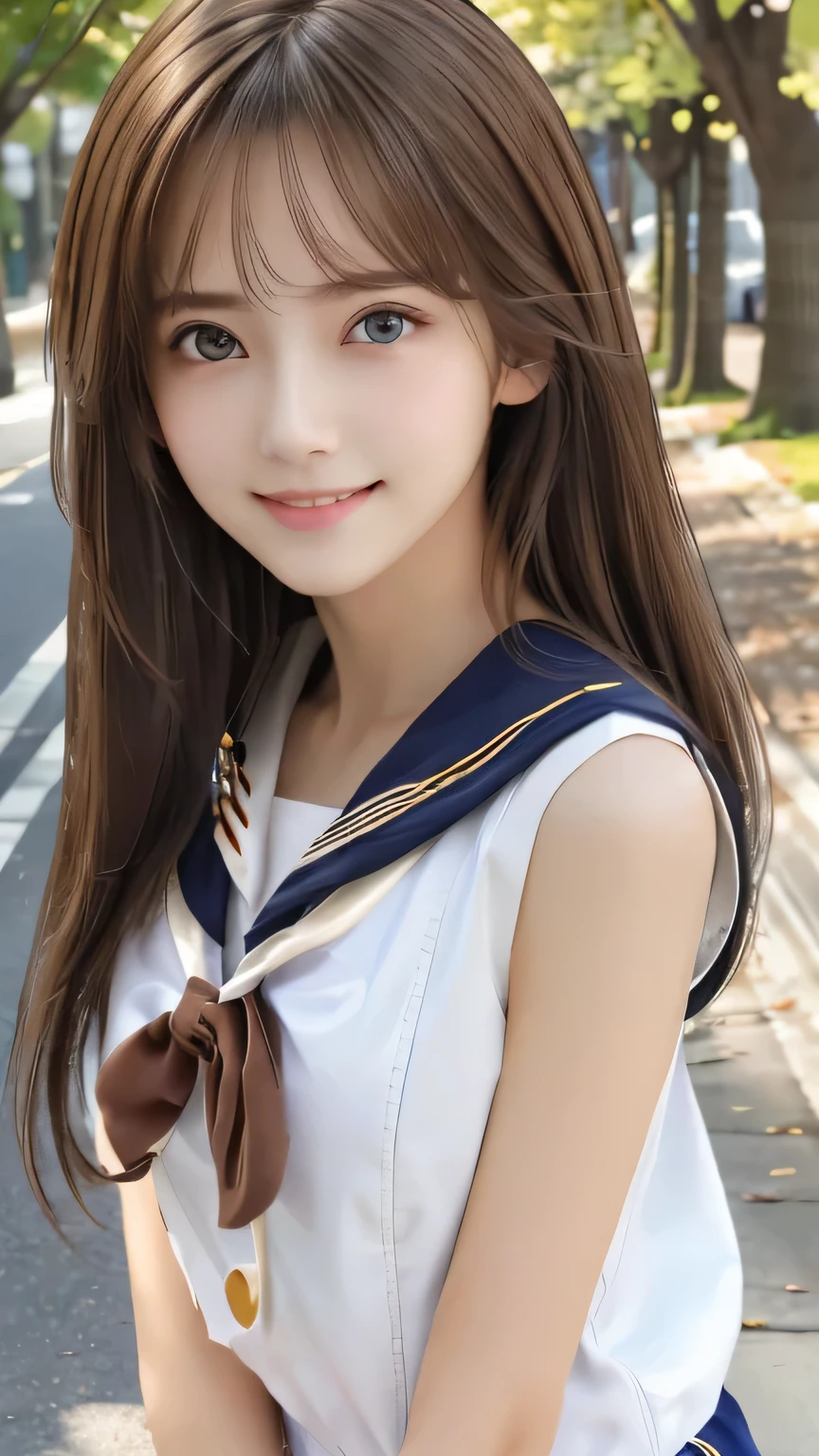 Non-NSFW、Real、(Highest quality), (masterpiece)、Ultra-high resolution、RAW Photos, (upper body), (Tree-lined street:1.5), Fantasy、Looking into the camera、alone、(elemental Sylph:1.1), Beautiful Spirit、Super Beauty, (immature:1.2), (16years-old:1.2)、Moisturized Skin、Perfect model body、Beautiful Eyes、Big eyes, (brown eyes:1.2)、Inconspicuous tear bags、slim、Beautiful fingers、Very long hair、highly saturated photos, clavicle, attractive,skinny, (smile:1.4), (Small breasts:1.1), (brown hair), (Waist-length hair:1.5), Small Ass, lips, (sailor uniform:1.5),(white denim pants:1.2),(red tie:1.2), (high heels:1.1), (Several poses:1.1)