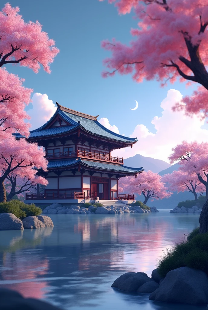 Small Japanese temple (pointing to the left) with moon in the background and cherry blossom trees in the foreground 