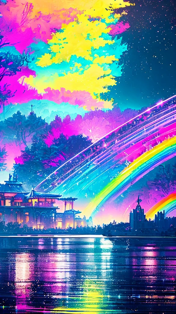 Colorful Metropolitan Museum of Art、Painting of a river with stars and moon in a rainbow sky、Met、輝くskyscraper、Shine overall、skyscraper、Concept art inspired by Tosa Mitsuoki、Pixiv Contest Winners、Highest quality、Fantasy art、Beautiful anime scene、Bright Moon、Moonlight Star Environment、Dream Painting、Anime Background Art、Fantasy Landscape Painting、Fantasy Knight、anime background artwork、wonderful芸術、Atmospheric anime、Starry Sky、details enhanced,16K, Ultra-high resolution, Ultra-high resolution, to be born,wonderful ,future、Iridescent、The world 30 years from now。。