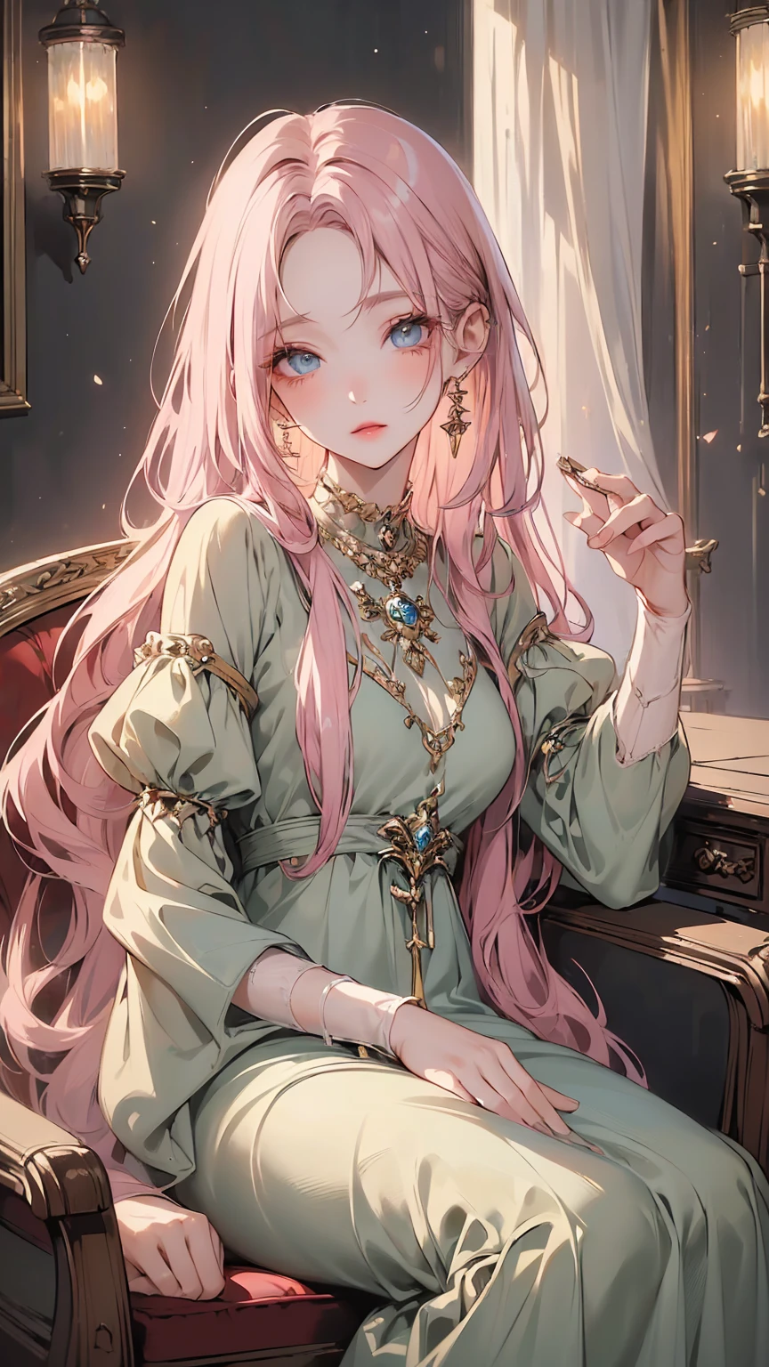 ((best quality)), ((masterpiece)), ((Romance Fantasy)), ((illustration)), (detailed), (clear), (Perfect), 1 woman, 1, mature, beautiful, pure, long pink hair with bangs, white skin, Blue diamond eyes, abundant eyelashes, pretty lips, big bust, small waist, Rustic green dress, Sitting on a chair