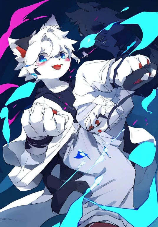 White male cat,Handsome,White hair,blue eyes,White trousers,Black shirt,Left hand red magic,Right hand blue magic
