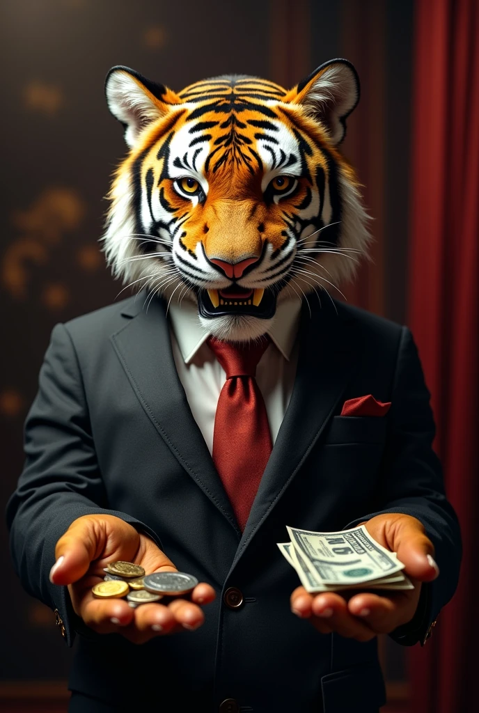 Create a humanoid tiger in a suit that looks like a casino owner, just take a frontal image and zoom it in.mer, make him offering casino tokens and in the other one $