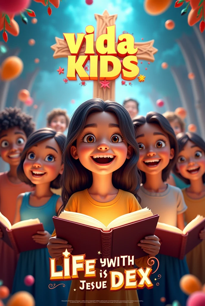 3D poster based on Disney/Pixar with the name in CULT at the top and with the theme LIFE WITH JESUS IS DICE and the name VIDA KIDS highlighted and happy children with the bible in their hands (Text in Portuguese)