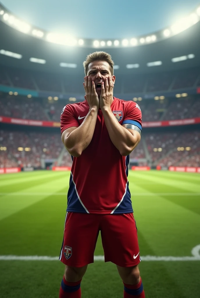 Football player gets pissed in front of the pitch and gets shy