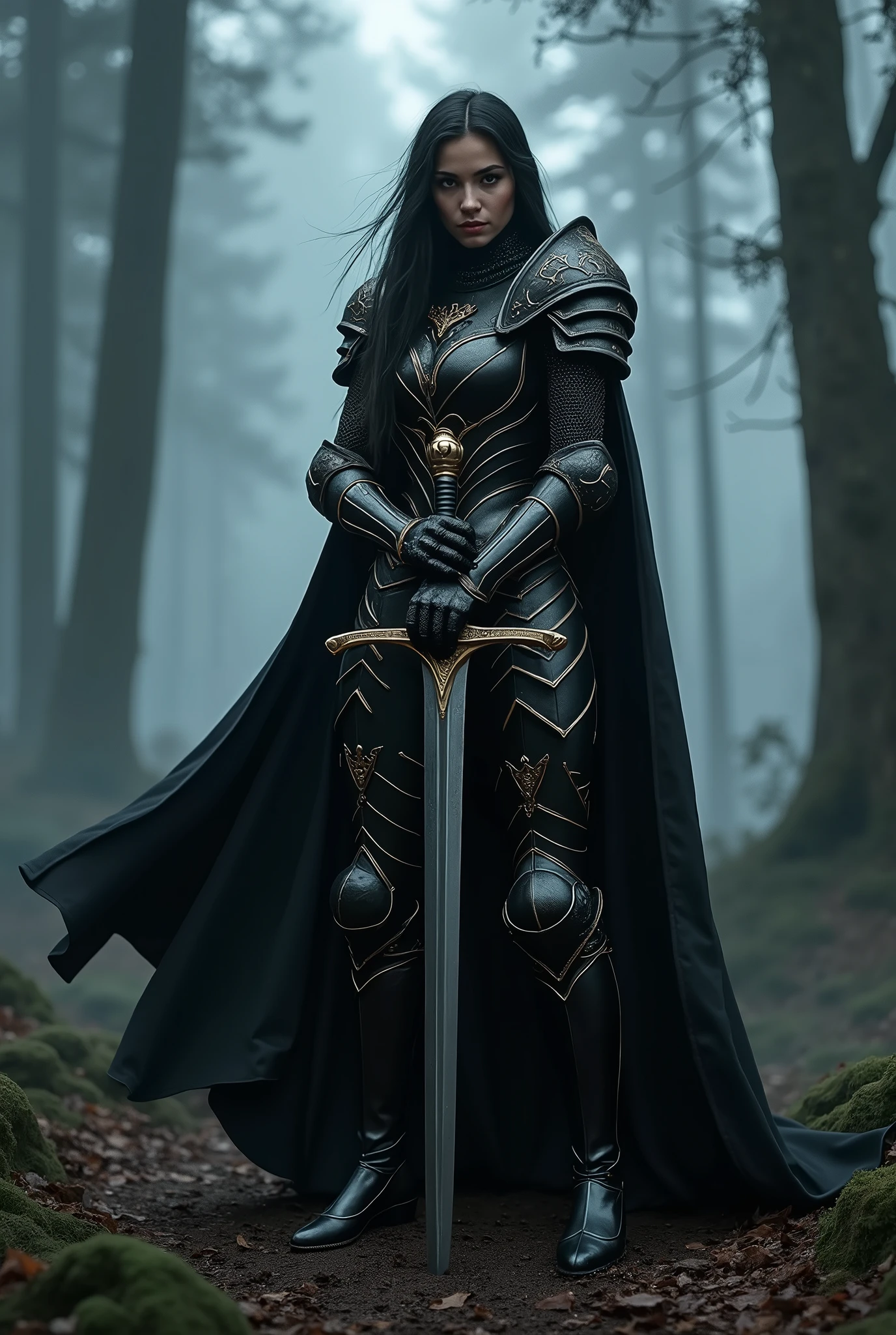 Black female Knight,female Knight in black armor,Stab the two-handed sword into the ground,Hold the hilt of the sword with both hands,Black Cape,Otherworldly Armor,Gold color line,Night Forest,fog,Cloak fluttering in the wind,(Wear a black robe over your armor)
