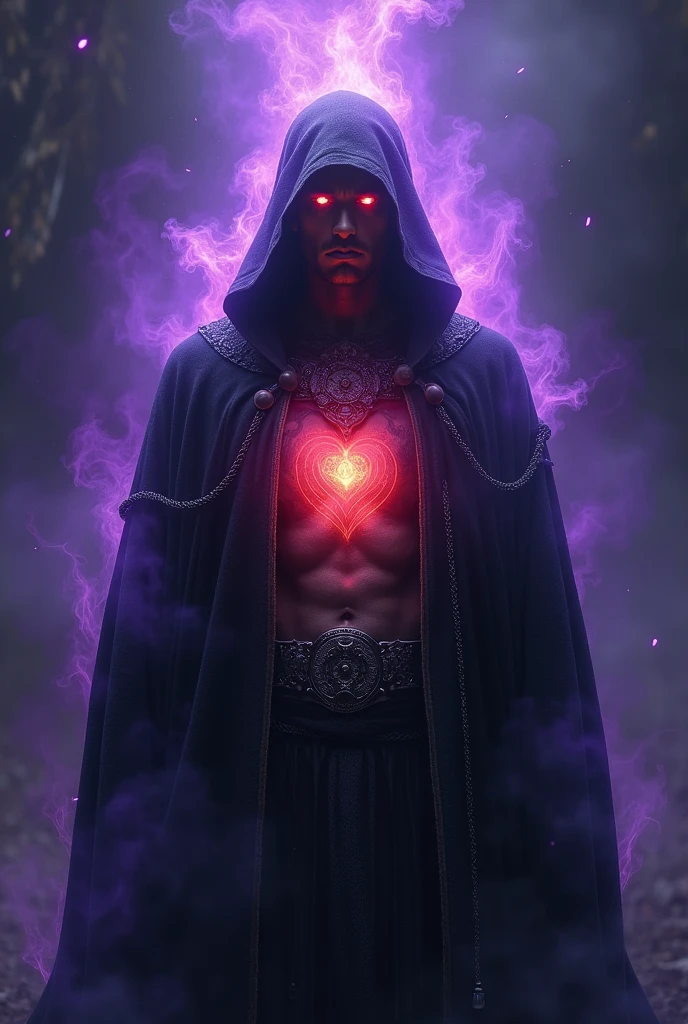man in black ritual clothing, energy field outside the silver body, violet body aura, red chest aura with blue, fiery aspect in the eyes, darkness background