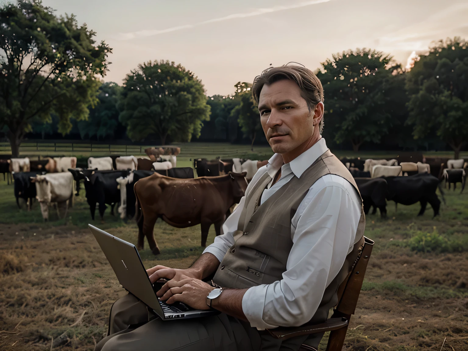 A cinematic realistic photograph of a wealthy farmer using a laptop. He is next to the herd of cattle. many bulls. he wears a rolex