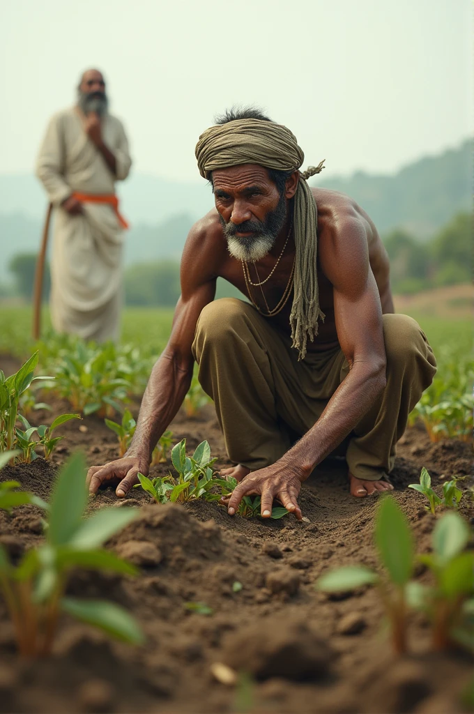 Poor farmer worked in his field, pandit ji,