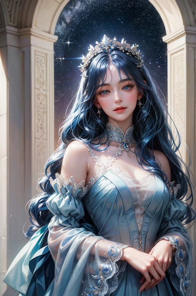 Highest quality, Realistic, photoRealistic, Very detailed, Extremely detailed engraving "Southern Ice" porcelain,Ultra Wide Angle,Accent lighting,Volumetric lighting,Backlight, (Detailed light),((Very delicate and beautiful)),dramatic_Shadow,Ray_vestige,High resolution, Particles of light, Soft lighting, Volumetric lighting, Intricate details, In detail, Deep blue eyes, Long eyelashes, Thick eyelashes, One person, One personで, Lapis Lazuli Hair, Blue Hair,Long Hair,View your viewers, Glamorous Dress, backless dress, Puff sleeves, Juliet Sleeve,Wang He,Queen,Starry sky background,Greek Mythology,smile,Star-studded,Ruler of all things,Beautiful Goddess,hair ornaments,impressive目,Strong Will,impressive,A woman praying to God,Iconic illustrations,The symbolism of olives,One person, とてもLong Hair, Blue Hair/Light blue hair, Textured skin, crown, Wearing a flower crown, Cinematic light effects,