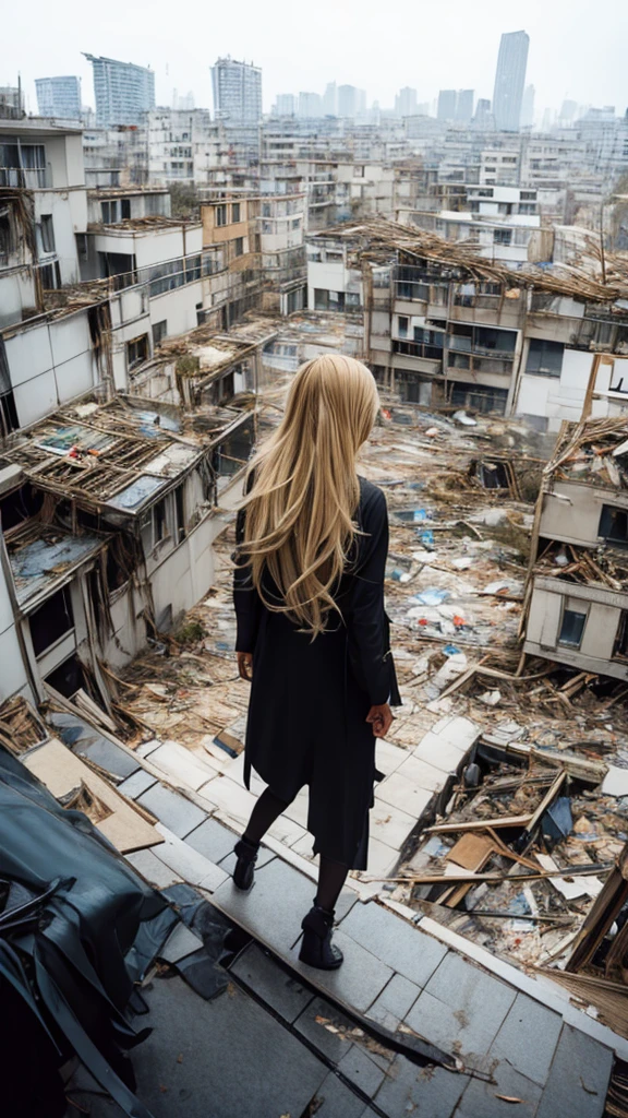 1people々々々々々々々々々々々,Blonde long-haired woman,Long coat, Dress Silhouette, Rear View, Anime Style, Looking down from the rooftop at the rubble-covered city.,Collapsed building,