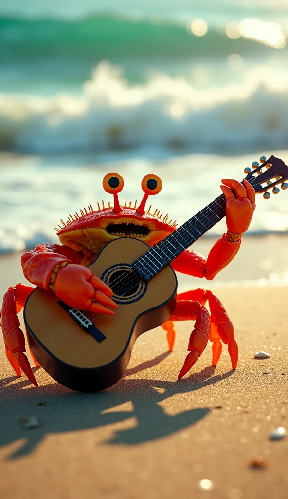 crab on a beach with a guitar, macro photography, extremely detailed, photorealistic, 8k, high quality, vibrant colors, dramatic lighting, cinematic composition, beautiful ocean waves, warm golden hour lighting, detailed textures, intricate details, shiny shell, playful expression, guitar strings, sand grains, natural environment