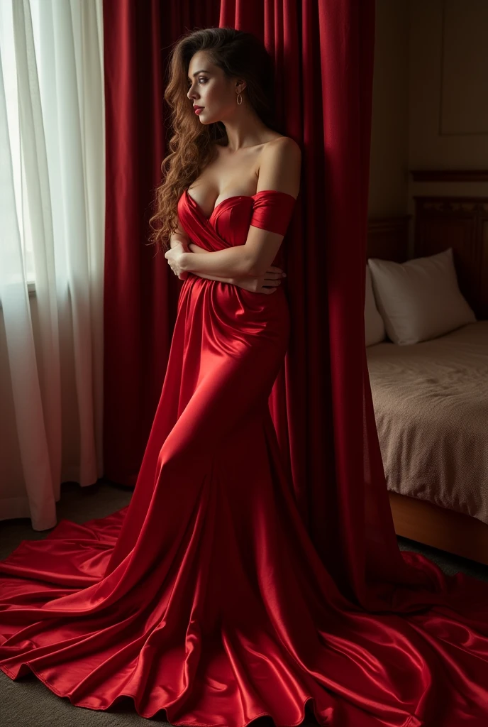 Captivating, elegant woman is engendered in a cascade of four-meter-long, ruby-red, plush satin fabric. The material clings tightly to her figure, spreading out into a pooled train at her feet, mimicking a mermaid's tail. in bed room, revealing only a hint of her upper body. This full-body portrait radiates a mythical sophistication. Wrapped, eth