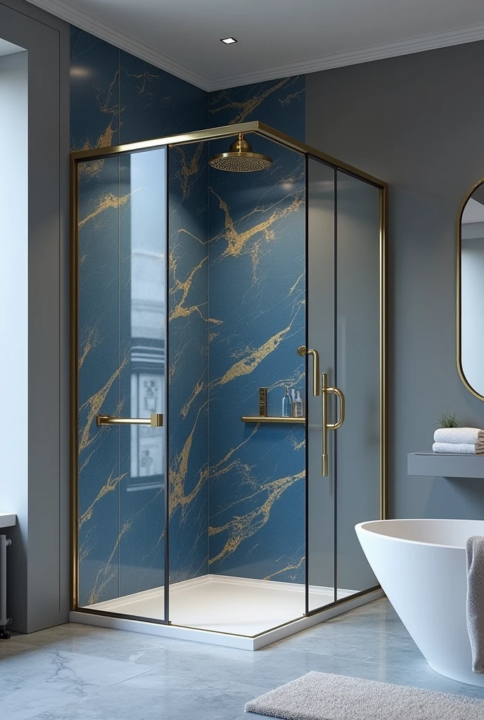 Create an image of a bathroom with a gray floor and walls and inside the shower the walls have a blue and gold marble effect. 