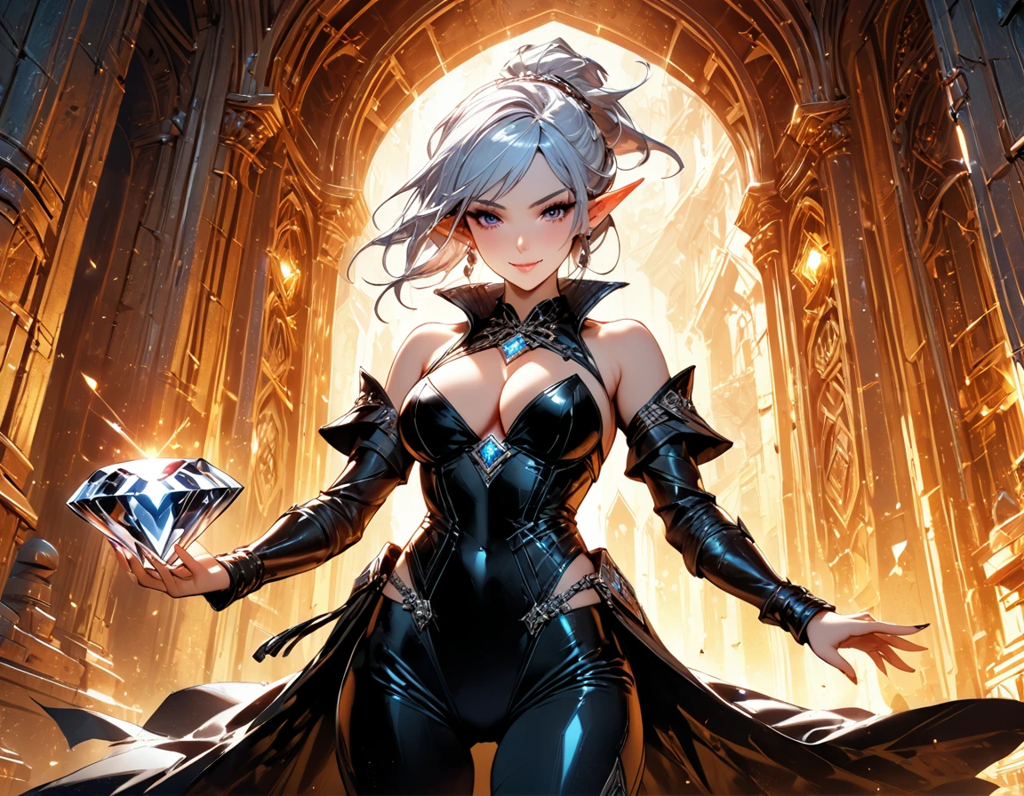 a picture of an elf thief holding an epic diamond in a vault, a female elf thief, full body, small pointy ears, dynamic hair color, dynamic hair style, pale skin, ultra detailed face, wearing black leather leotard, black leather pants, busty, small cleavage, high heel boots, she is happy for reaching her goal, success, holding an epic sized (diamond: 1.3), brilliant diamond, many facets, diamond, fantasy safe vault background, torchlight, vibrant, Ultra-high resolution, High Contrast, (masterpiece:1.5), highest quality, Best aesthetics), best details, best quality, highres, 16k, [ultra detailed], masterpiece, best quality, (extremely detailed) RAW, (ultra details, Masterpiece, best quality), diamondWM, Cinematic Shot