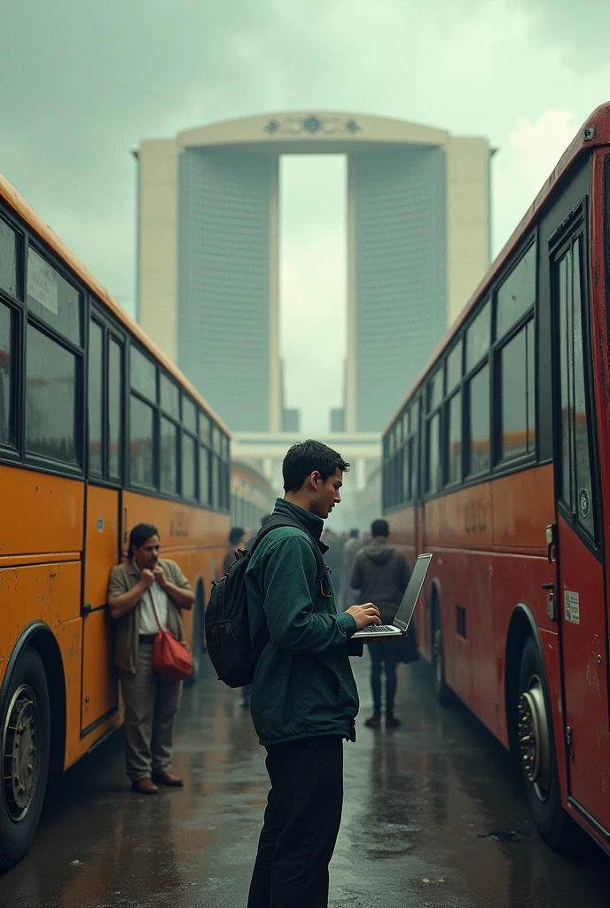 Create a queue of stopped buses with a system error and an IT technician trying to fix it and several people around demanding payment , with a characteristic in the center of Brasilia placing the Planalto Palace at the bus station of the pilot plan in Brazil, use the same image in the background buildings in Brazil,  the technician with pc in hand trying to fix it. 
