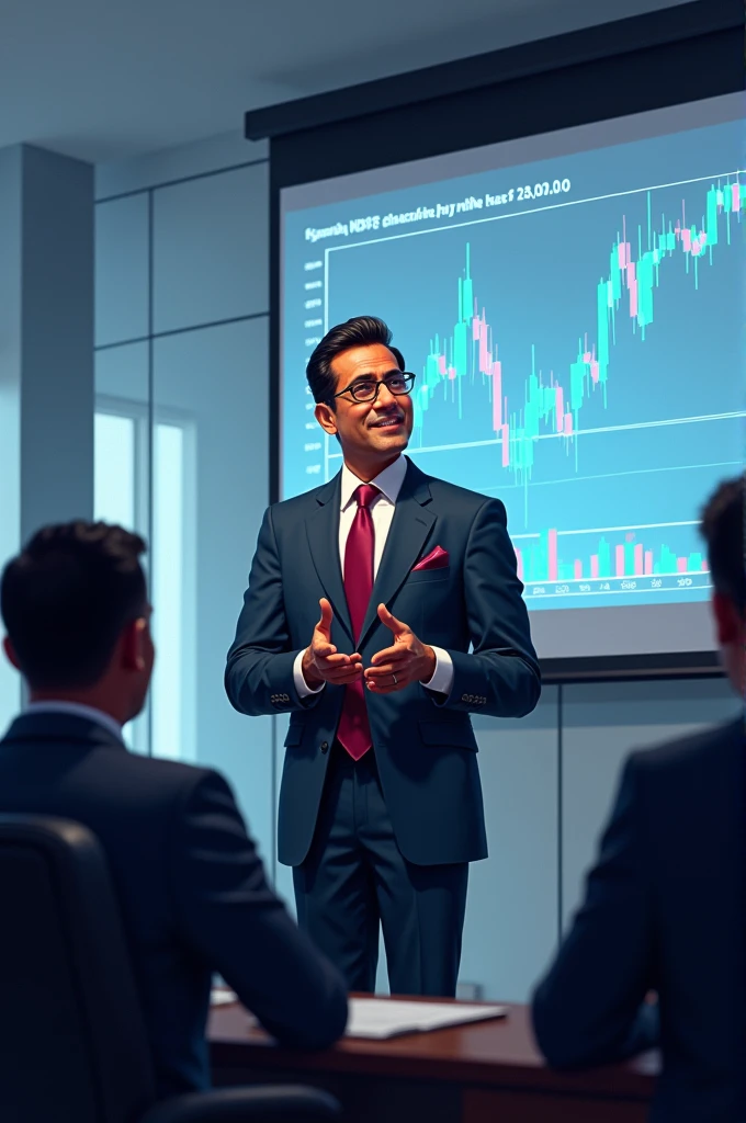 Bishnu Prasad Paudel
Deputy Prime Minister of Nepal showing stock market of Nepal which is nepse will increase from 2968 to 3000 points and pointing at a candlestick pattern chart showing so
