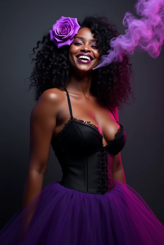 dark skinned black woman with voluminous chest length curly hair with a purple rose on the side of her hair, wears tight black corset, a very voluminous dark purple skirt has a wide smile and holds a black cigarette in one hand where the smoke comes out purple and forms the shape of a trident, with dark photo background