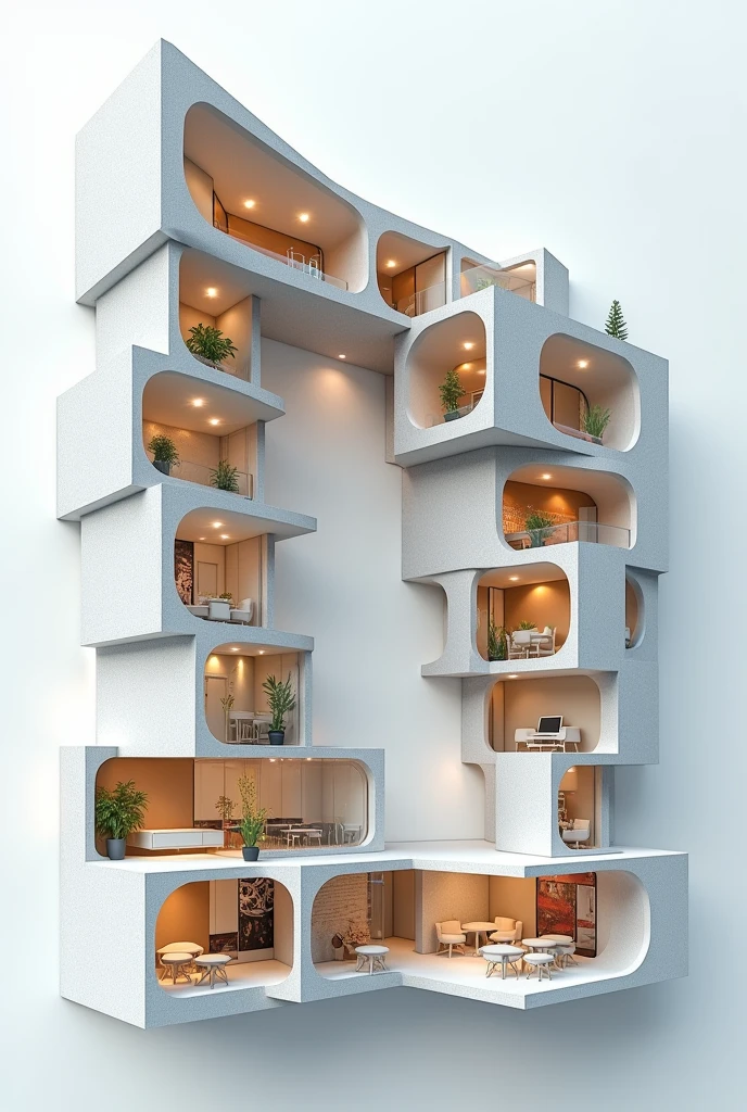an L-shaped architectural plan, with a generating idea for a puzzle, i.e. puzzle piece shapes, The plant should be 45 to 65 square meters.