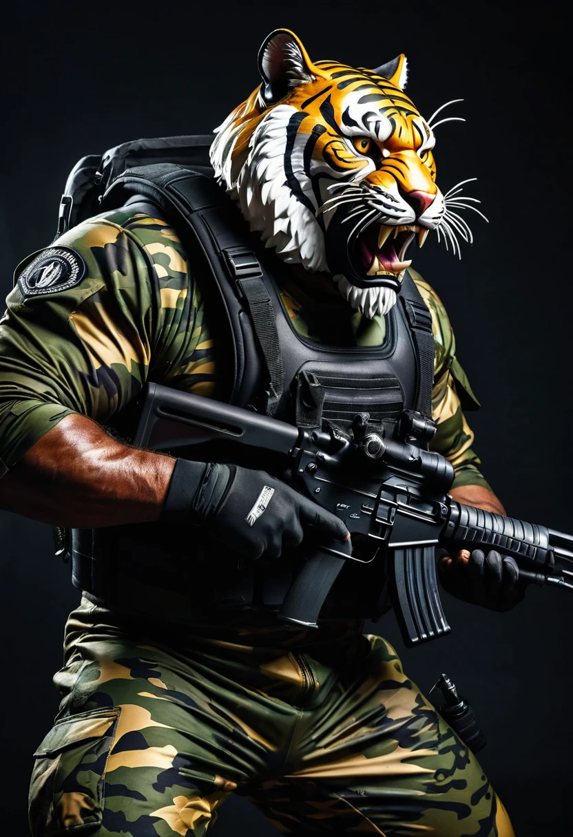 (a dark-skinned bearded fat muscular old man in a skintight army camouflage zipper diver suit) carrying an AK-47, (wearing a small-sized realistic roaring tiger mask), dynamic action pose, fierce expression, showcasing an imposing stature, surrounded by military elements, dramatic shadows and intense highlights, cinematic color tones, high detail, powerful, art influenced by Bruce Onobrakpeya and Stanley Artgerm, ultra-detailed, best quality image, action-packed atmosphere. 