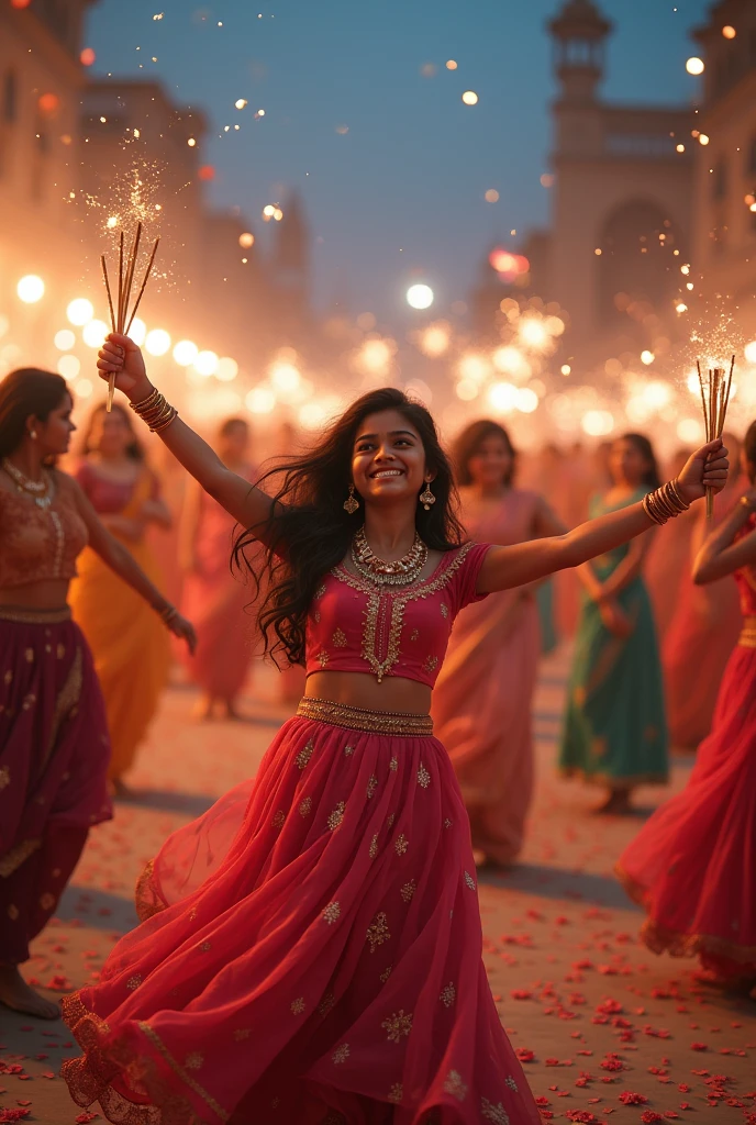 Beautiful boys and girls they are all adults play dandiya in a big ground with public good lights, good environment, flowers in floors, sparkles, and happy moment