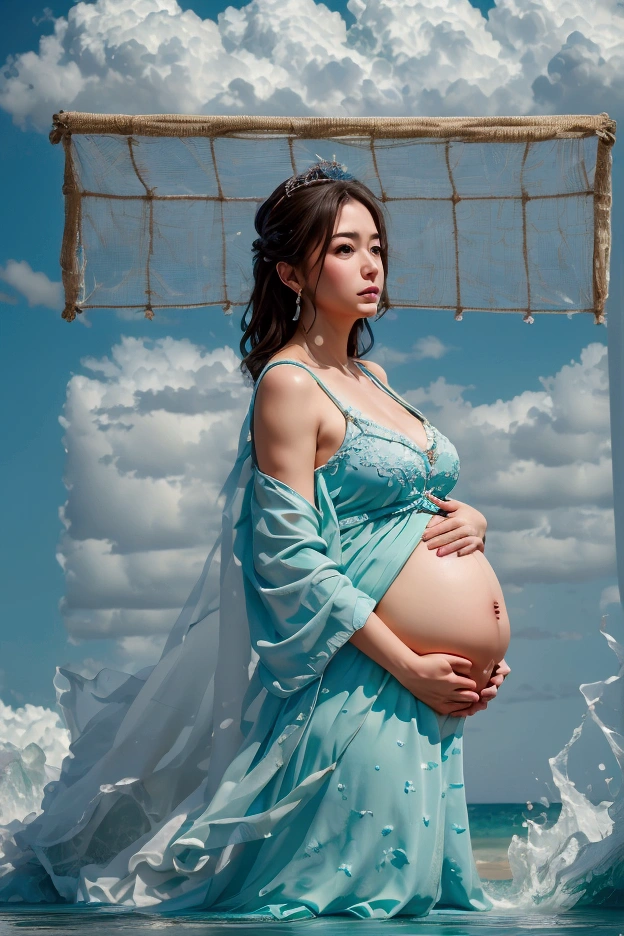 pregnant woman in blue dress standing on beach with ocean in background, maternal photography 4 k, pregnant belly, real photoshoot queen of oceans, pregnant, pregnancy, belly free teal dress, maternity feeling, light blue dress portrait, rendering, belly, profile shot, modeling photography, stunning photoshot, high quality portrait photoshoot, photo of a beautiful, getty images proshot