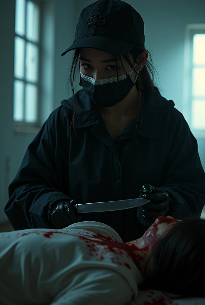 korean girl, (behind stiff, holding knife), stabbing, black surgical mask, black gloves, black raincoat, trucker hat, holding knife, black gloves, woman on top, behind cadaver, blood splatter, torture, looking at viewer, mass murderer, killer, low ponytail, blood splatter, dark atmosphere, cinematic lighting, atmospheric realistic, light from the window,
