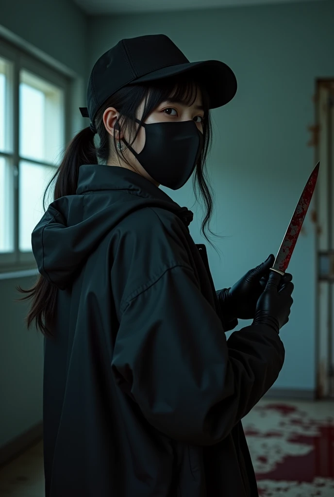 korean girl, (behind stiff, holding knife), stabbing, black surgical mask, black gloves, black raincoat, trucker hat, holding knife, black gloves, woman on top, behind cadaver, blood splatter, torture, looking at viewer, mass murderer, killer, low ponytail, blood splatter, dark atmosphere, cinematic lighting, atmospheric realistic, light from the window,