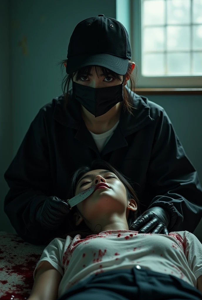 korean girl, (behind stiff, holding knife), stabbing, black surgical mask, black gloves, black raincoat, trucker hat, holding knife, black gloves, woman on top, behind cadaver, blood splatter, torture, looking at viewer, mass murderer, killer, low ponytail, blood splatter, dark atmosphere, cinematic lighting, atmospheric realistic, light from the window,