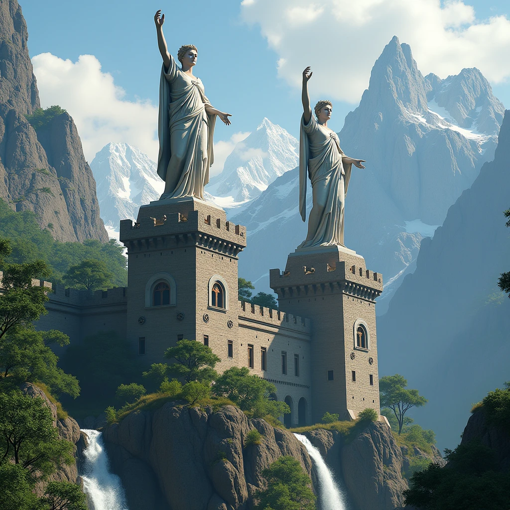 Make me an ultra realistic image. Make a medieval fortress attached to a mountain. There are two statues of a woman from ancient Greece, with hands raised to the sky. 