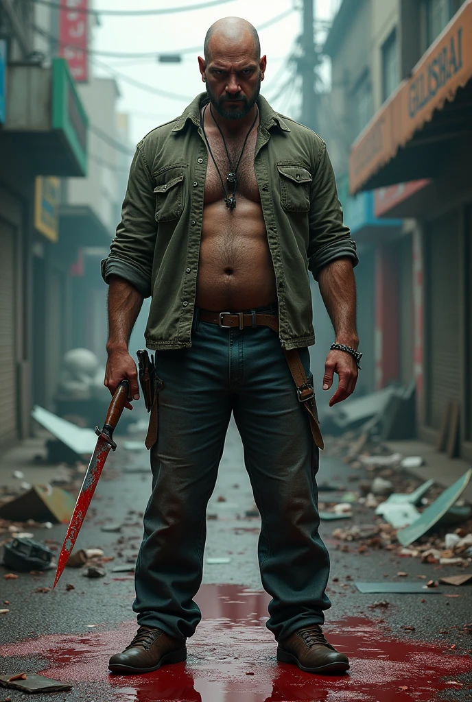 (photorealism:1.2) man holding a knife in the bloody street