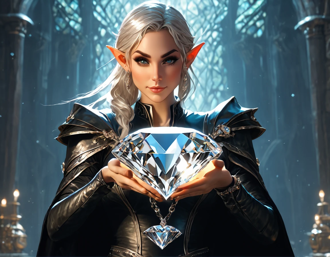 a picture of an elf thief holding an epic diamond in a vault, a female elf thief, full body, small pointy ears, dynamic hair color, dynamic hair style, pale skin, ultra detailed face, wearing black leather leotard, black leather pants, busty, small cleavage, high heel boots, she is happy for reaching her goal, success, holding an epic sized (diamond: 1.3), brilliant diamond, many facets, diamond, fantasy safe vault background, torchlight, vibrant, Ultra-high resolution, High Contrast, (masterpiece:1.5), highest quality, Best aesthetics), best details, best quality, highres, 16k, [ultra detailed], masterpiece, best quality, (extremely detailed) RAW, (ultra details, Masterpiece, best quality), diamondWM, Cinematic Shot