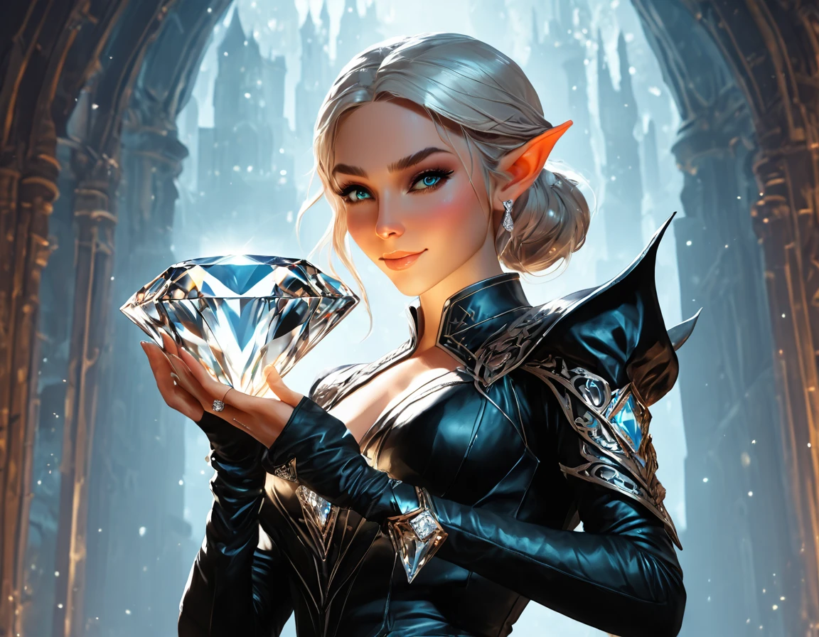 a picture of an elf thief holding an epic diamond in a vault, a female elf thief, full body, small pointy ears, dynamic hair color, dynamic hair style, pale skin, ultra detailed face, wearing black leather leotard, black leather pants, busty, small cleavage, high heel boots, she is happy for reaching her goal, success, holding an epic sized (diamond: 1.3), brilliant diamond, many facets, diamond, fantasy safe vault background, torchlight, vibrant, Ultra-high resolution, High Contrast, (masterpiece:1.5), highest quality, Best aesthetics), best details, best quality, highres, 16k, [ultra detailed], masterpiece, best quality, (extremely detailed) RAW, (ultra details, Masterpiece, best quality), diamondWM, Cinematic Shot