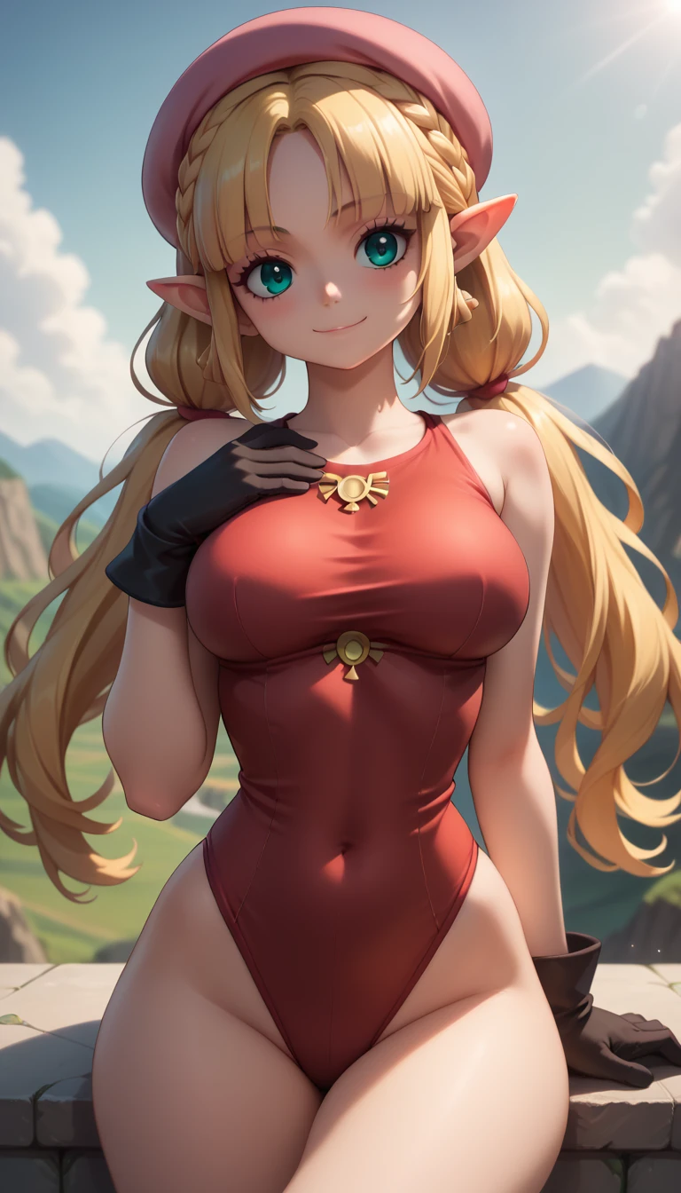 High resolution, Very detailed, perfect lighting, beautiful detailed eyes, ((masterpiece,Best Quality)), absurdities, alone, princess zelda, by the width, crown braid, Hair clip, pointy ears, Gloves without fingers, black gloves, smile, curves, nod, , deep neckline, deep neckline, red one piece swimsuit with pink details, touching her breasts in a sexy way, close up, black fur, close up, pigtails with bangs, pigtails with bangs, touching her breasts in a sexy way, teal eyes, close up, pigtails with bangs, pink beret, pretty face, landscape