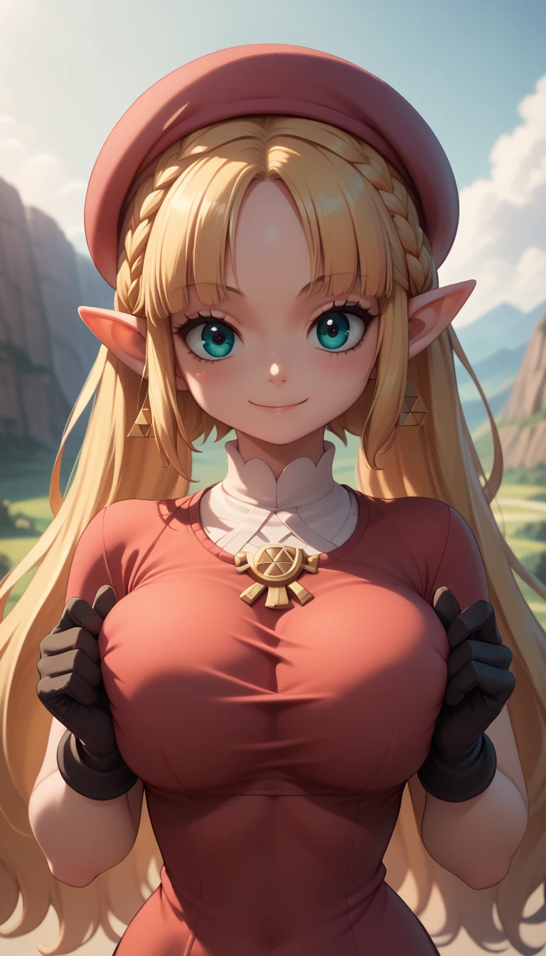 High resolution, Very detailed, perfect lighting, beautiful detailed eyes, ((masterpiece,Best Quality)), absurdities, alone, princess zelda, by the width, crown braid, Hair clip, pointy ears, Gloves without fingers, black gloves, smile, curves, nod, , deep neckline, deep neckline, red one piece swimsuit with pink details, touching her breasts in a sexy way, close up, black fur, close up, pigtails with bangs, pigtails with bangs, touching her breasts in a sexy way, teal eyes, close up, pigtails with bangs, pink beret, pretty face, landscape