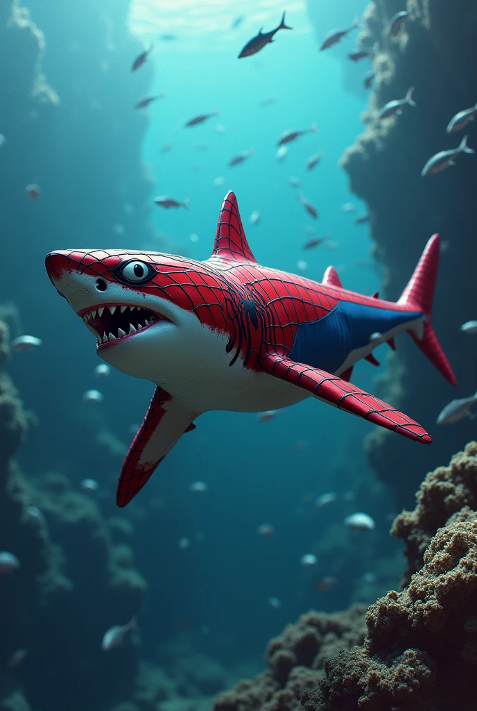 Un requin porte l'armure de Spider-Man.