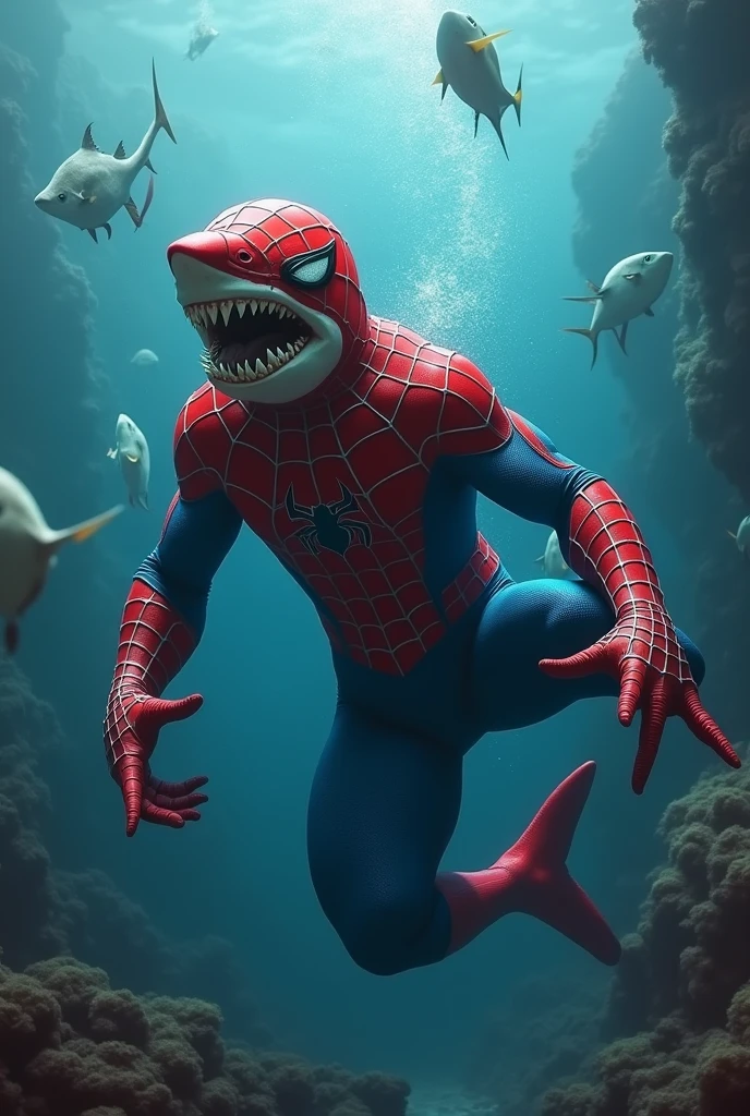 Un requin porte l'armure de Spider-Man.