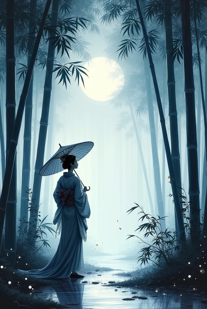 dynamic ink painting of a bamboo grove of japan, black and white,monochrome, great art, great sense of depth, ground level shot, the most beautiful bamboo grove in the world, bamboo leaves shining through rainwater, moon\(pale blue\) with a light overcast, beautiful woman\(ancient Japanese noble, beautiful kimono, beautiful long black hair\) looking up at the moon holding an umbrella,raining softly, fireflies flying around, bamboo leaves are placed three-dimensionally in the foreground, long distance shot