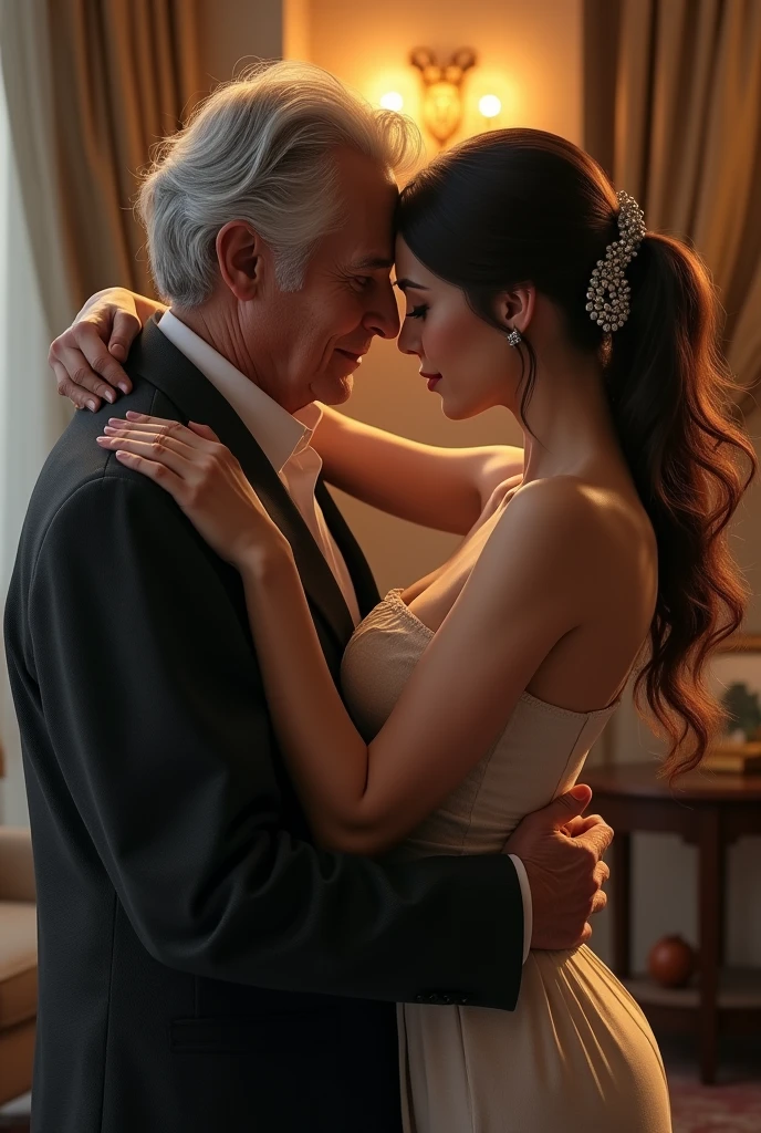 An elderly man with gray hair and a gentle expression is hugging a young, sensual woman. The woman has a confident and attractive posture, with clothes that highlight your curves. The setting is elegant and welcoming, reflecting an intimate and affectionate moment between the two, with the interaction showing genuine affection.