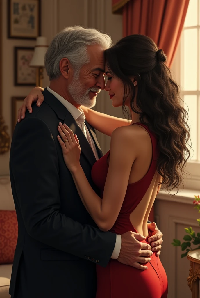 An elderly man with gray hair and a gentle expression is hugging a young, sensual woman. The woman has a confident and attractive posture, with clothes that highlight your curves. The setting is elegant and welcoming, reflecting an intimate and affectionate moment between the two, with the interaction showing genuine affection.