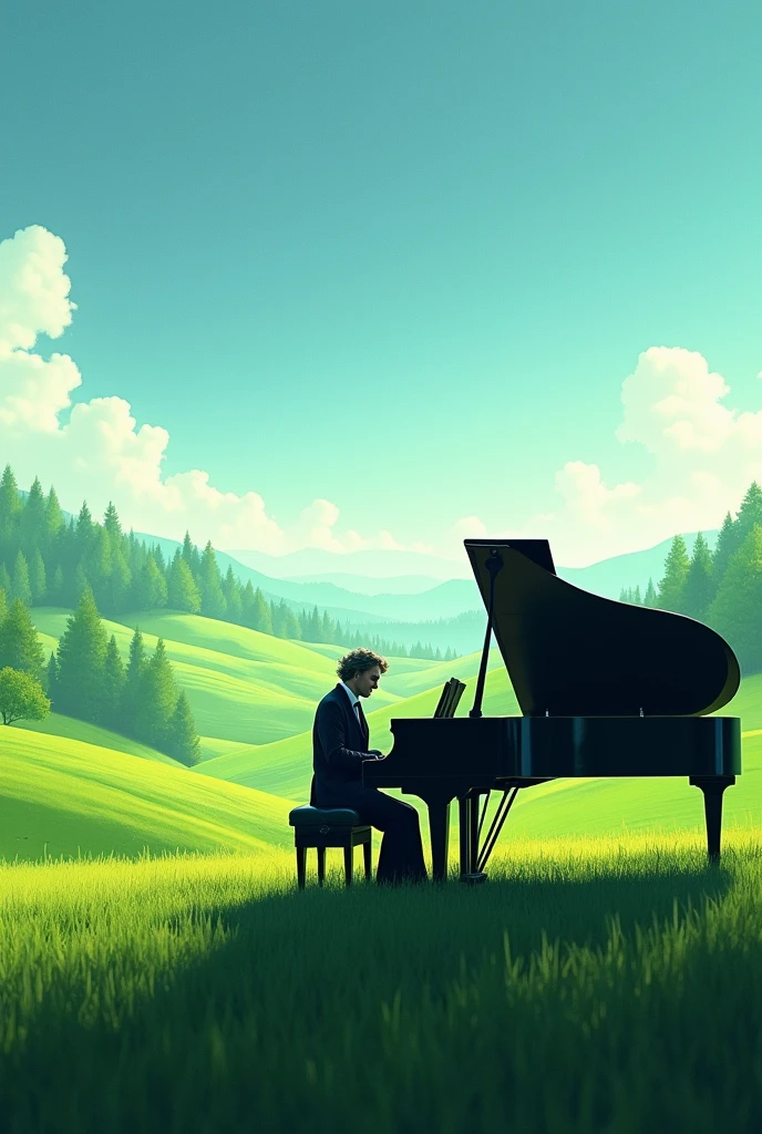 amidst a verdant landscape, where emerald fields meet the azure sky, eyes wander, Across vast expanses, and behold the depths where secrets lie..Beethoven playing the piano