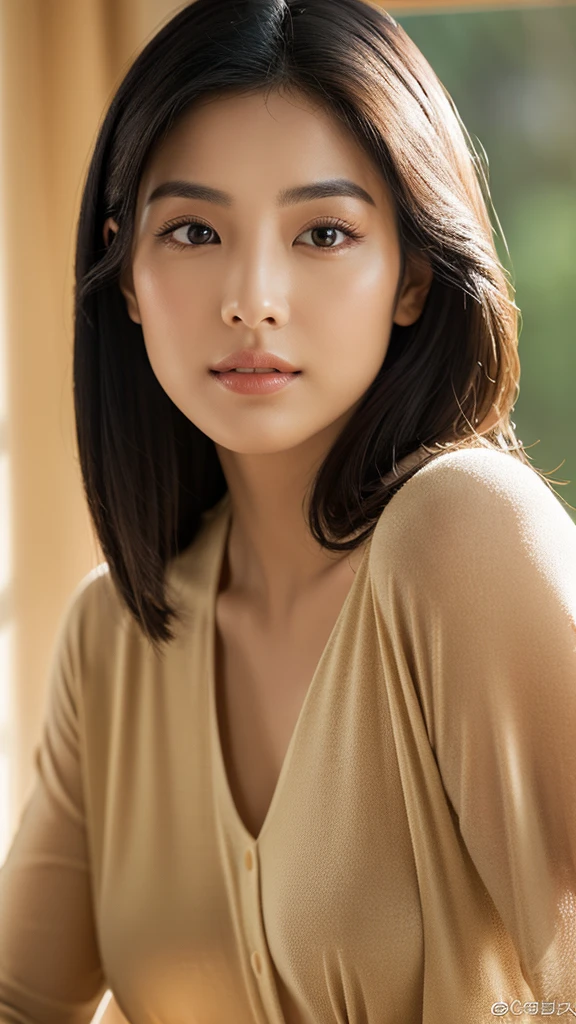 An ethereal and breathtakingly beautiful Japanese model and actress in her early 20s, depicted in an ultra-high-definition 4K image that reveals every intricate detail of her appearance. Her skin is hyper-realistic, with a warm beige undertone and a natural, soft glow that comes from gentle, diffused natural light. The lighting is subtly muted, replicating the kind of soft daylight you might find in the late afternoon or on an overcast day, ensuring the light is evenly spread across her form without any harsh highlights or shadows. Her skin texture is incredibly lifelike, with refined pores and a smooth, supple surface that captures the light in a way that enhances its realism without appearing overly bright. Her large, almond-shaped eyes are a deep, captivating brown, with irises that reflect the soft ambient light, adding depth and emotion. Her eyes are framed by perfectly arched brows and naturally curled, thick lashes, with the diffused lighting adding a gentle shadow that softens her expression and adds a touch of mystery. Her lips are naturally full, slightly parted, and have a soft, velvety texture with a subtle sheen that reflects the natural light in a way that accentuates their shape and smoothness. Her straight, glossy black hair softly frames her face and cascades down her shoulders, each strand carefully defined, catching the natural light just enough to highlight its shine without overpowering the overall image. She is dressed in an elegant, understated outfit that complements her natural beauty, with the soft lighting and gentle shadows enhancing the overall sense of serene elegance. Her posture is graceful and poised, exuding confidence and sophistication. Every element, from the soft lighting to the finely crafted details of her appearance, is designed to evoke an aura of natural, understated beauty that transcends ordinary realism.