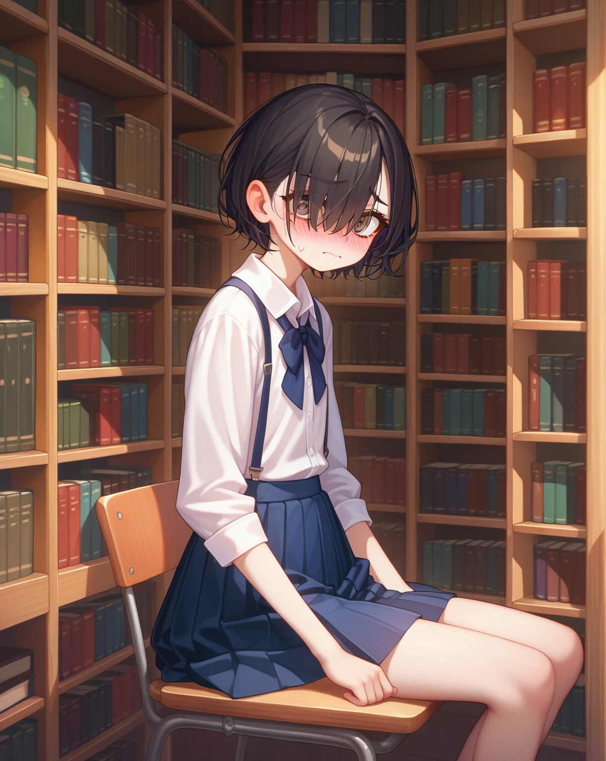 score_9,score_8_superior,score_7_superior,score_6_superior,score_5_superior,score_4_superior 、8k,1. Cute Japanese Girl、A nervous attitude、こりらを見superiorげる、Flat Chest、Black hair color、Shaggy Hair、Brown eyes、Drooping eyes、Bangs that cover one eye、blouse、Pleated skirt、Slight forward lean、library