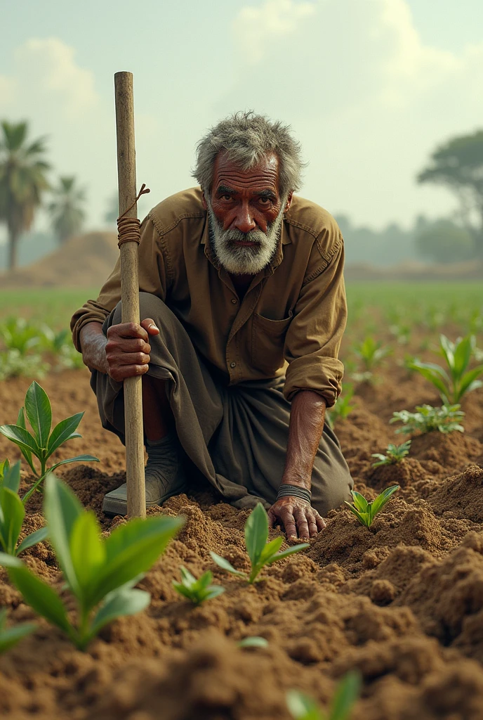 Poor farmer worked in his field