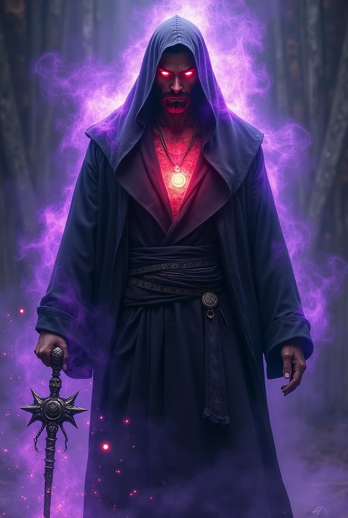 man in black ritual clothing, energy field outside the silver body, violet body aura, red chest aura with blue, fiery aspect in the eyes, darkness background, Morning Star