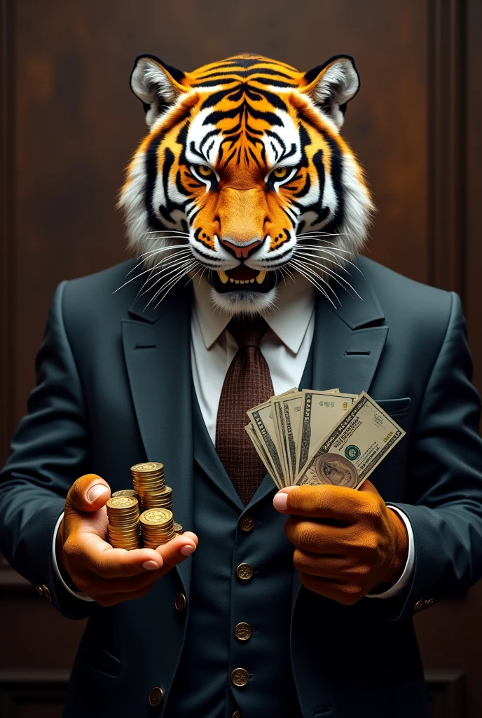 Create a humanoid tiger in a suit that looks like a casino owner, just take a frontal image and zoom it in.mer, make him offering casino tokens and in the other one $