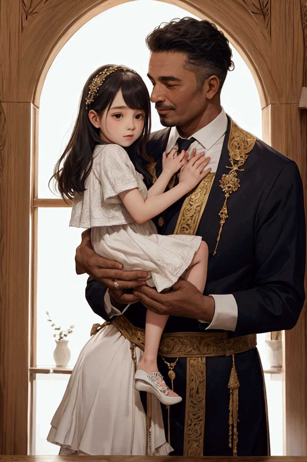 A father holds the hands of his daughter and son