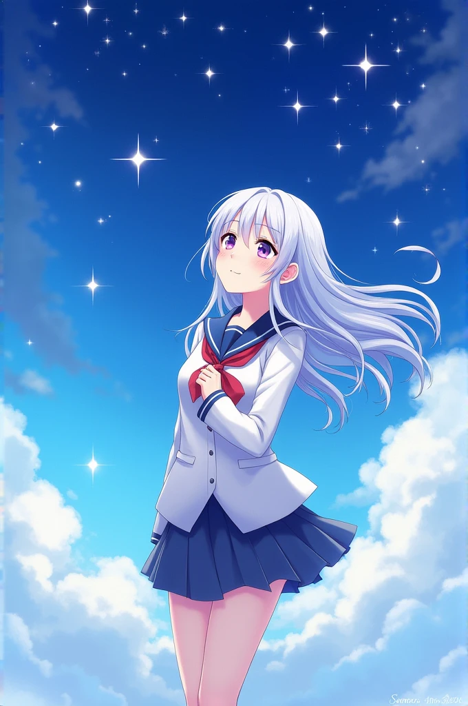 1girl,schoolgirl,long hair,silver hair,purple eye,sky,star,smile,