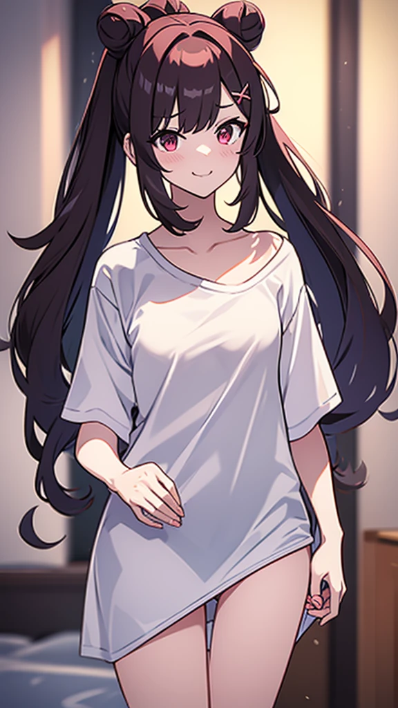 High tail hairstyle, two Ponytail hairstyle, Ponytail hairstyle, Long wavy black hair, standing posando, anime girl style, pixel art anime style,penetrating look with deep eyes,red and purple eyes, hair with a ponytail hairstyle trapped with a big red bun, women, red hair clips, x color shaped hair clips , smiling face blush, next to his bed, Black hair, thighs grandes, NSFW, from below, neckline, looking at the viewer, lascivious smile, ((oversized t-shirt)), off the shoulders, without pants, washing machines, thighs, ((White T-shirt)), standing, hands on the hips,