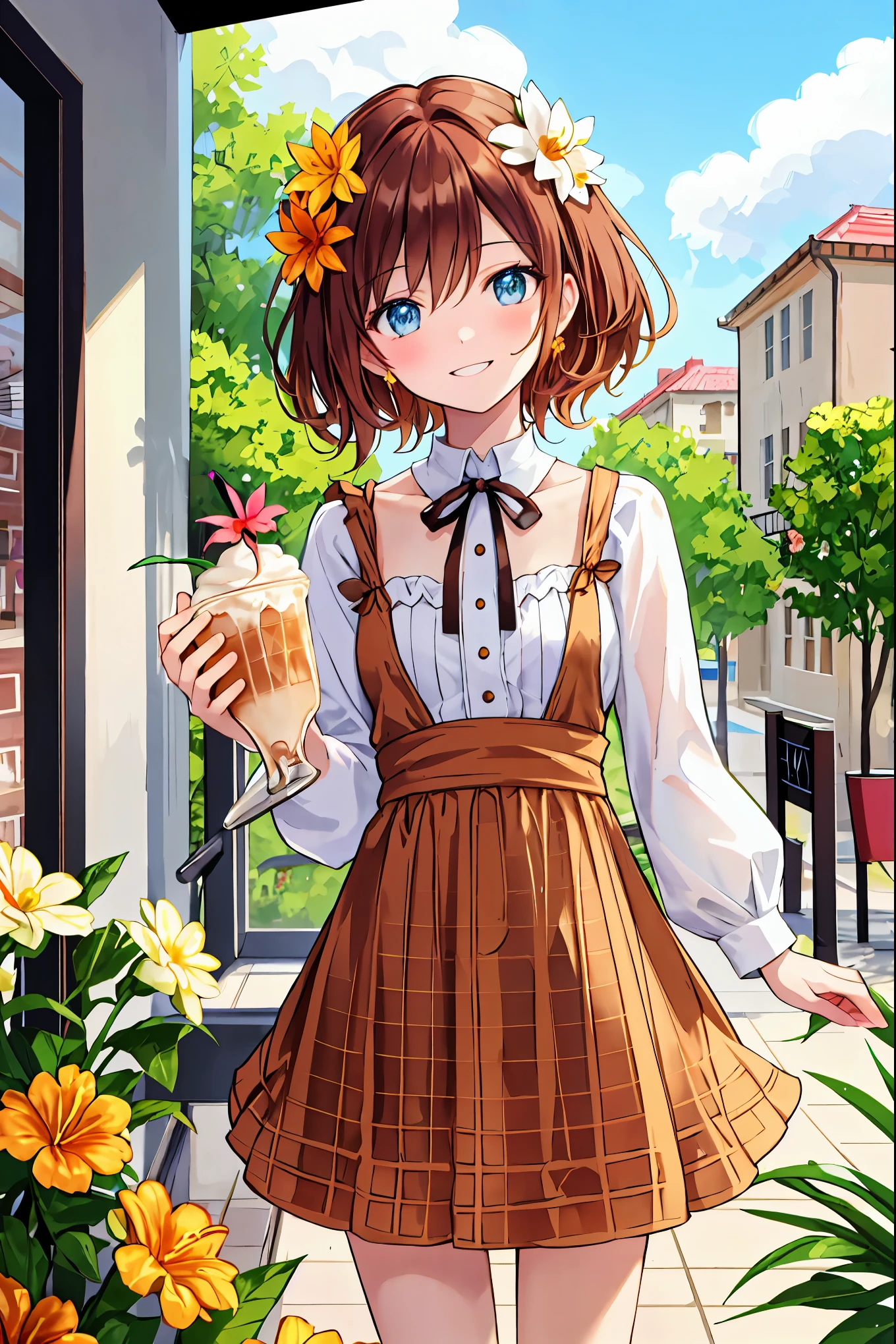 ,(Terrace Coffee Shop),(Outside there are beautiful and colorful flowers..),(Caramel waffles served on a plate),(Caramel colored drink),(Face close-up:1.1),Smile,Brown Hair,Shortcuts,Messy Hair,Slender beauty,Small chest,Beautiful feet,A happy smile,